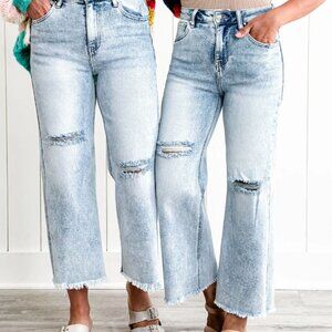 Risen FP Exclusive High Rise Light Wash Wide Leg Frayed Ankle Jeans 30/11